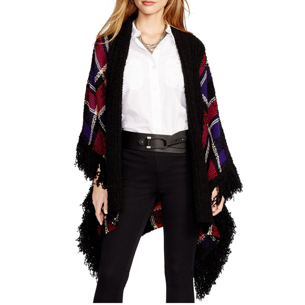 Plaid Wool Blend Fringe Trim Poncho Cardigan S M